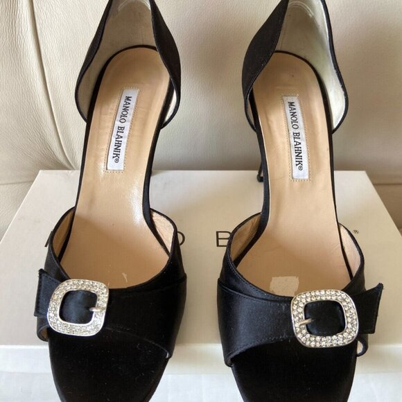 Manolo Blahnik Black Satin Crystal Jeweled Peep-Toe D'Orsay Pumps - Picture 1 of 10